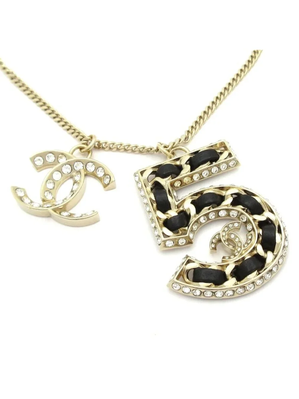 Chanel Necklace No 5 CC Logo Lambskin Gold Black Clear
